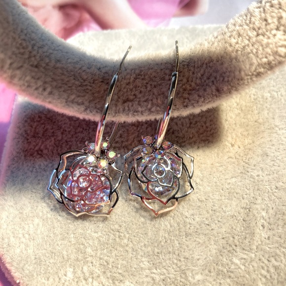 Silver Tone Flower Crystal Earrings - Picture 2 of 4